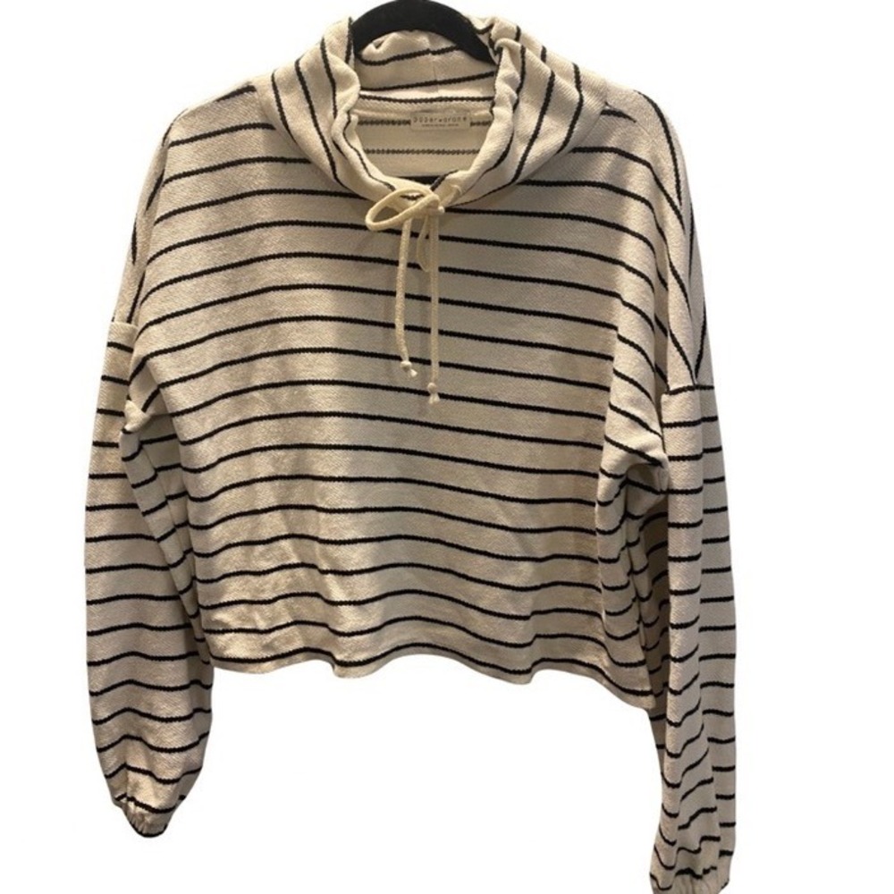 Paper Crane Womens Cream Navy Striped Cropped Funnel Neck Sweatshirt Medium